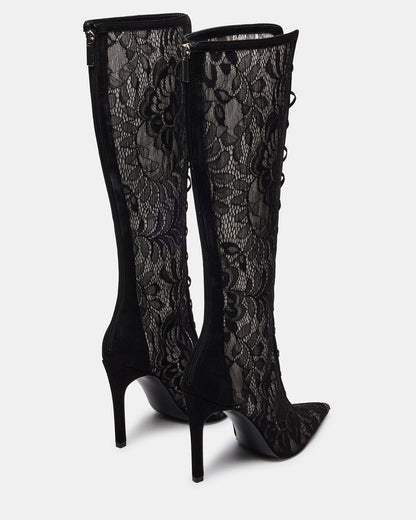 MAXINE Black Lace Pointed-Toe Knee-High Lace-Up Stiletto Women's Boot Steve Madden BLACK LACE