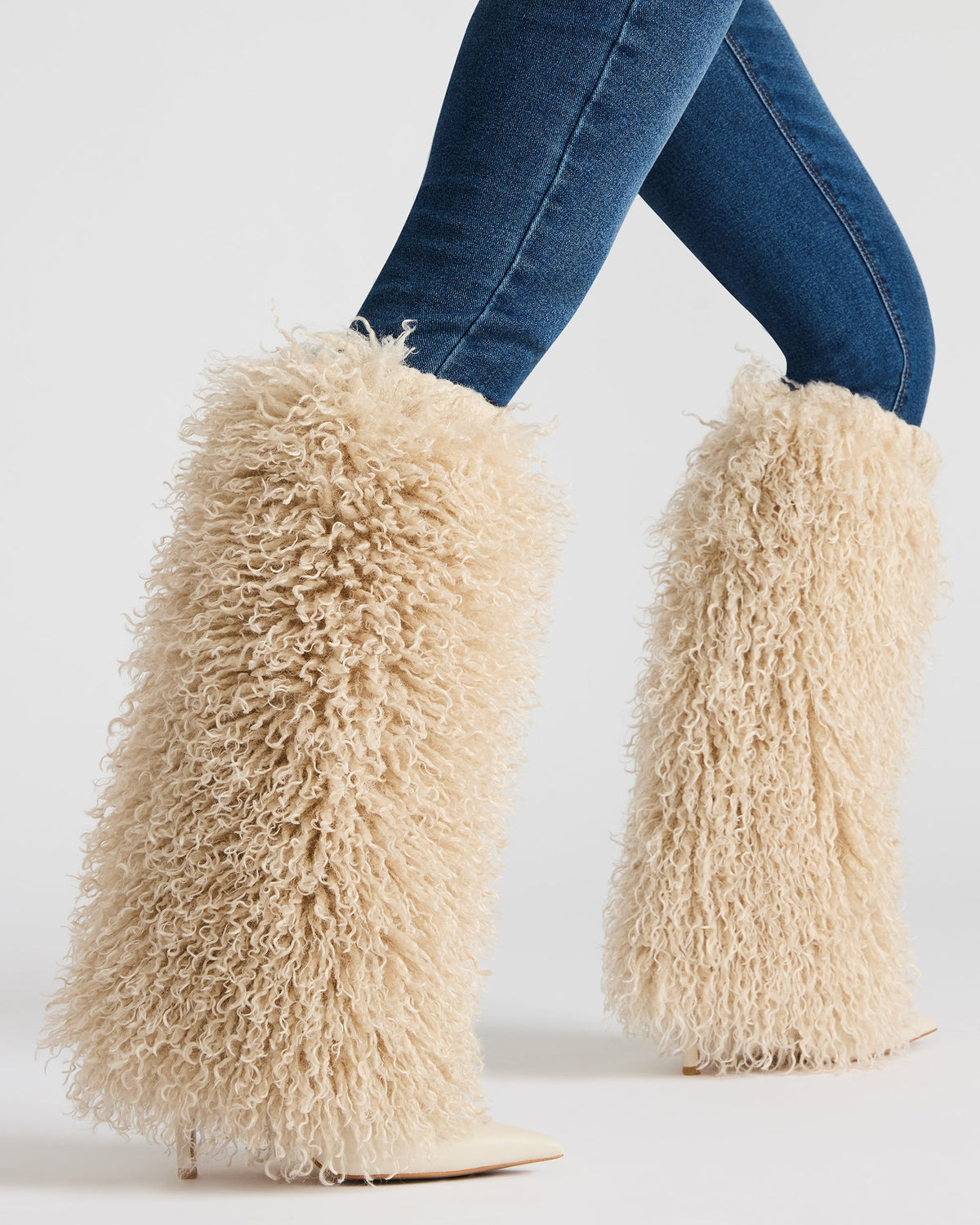ICON Off-White Pointed-Toe Faux Fur Knee-High Stiletto Heel Women's Boot Steve Madden OFF-WHITE