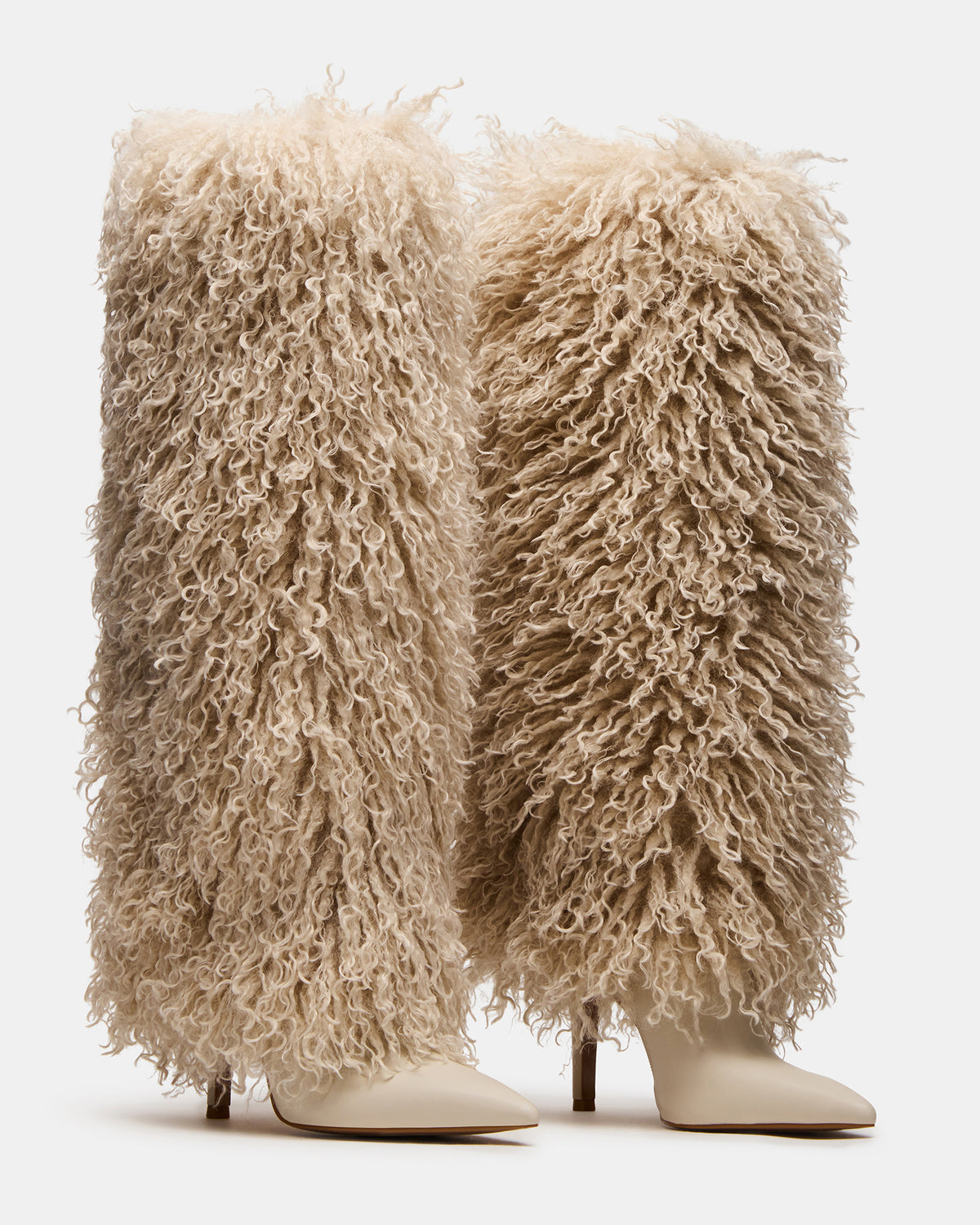 ICON Off-White Pointed-Toe Faux Fur Knee-High Stiletto Heel Women's Boot Steve Madden OFF-WHITE