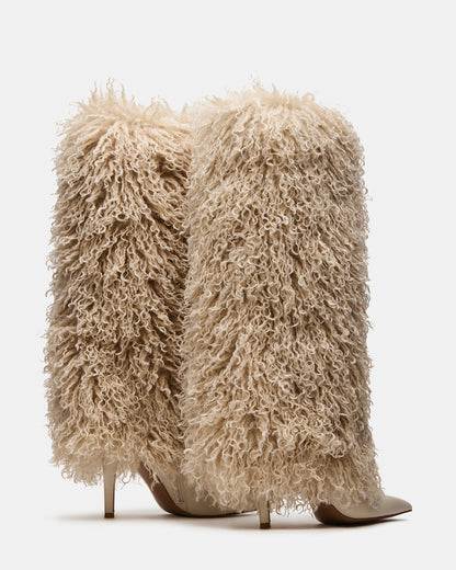 ICON Off-White Pointed-Toe Faux Fur Knee-High Stiletto Heel Women's Boot Steve Madden OFF-WHITE