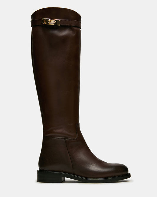 BEXLEY Brown Leather Knee-High Round-Toe Buckle Women's Boot Steve Madden BROWN LEATHER
