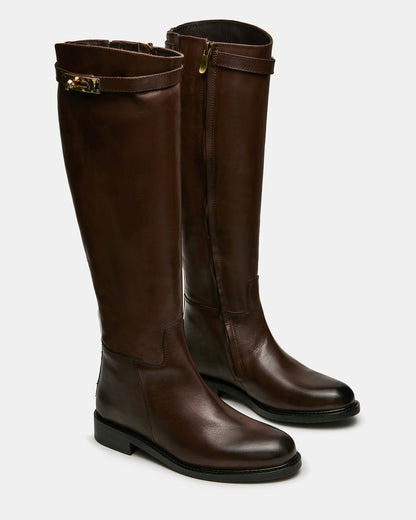 BEXLEY Brown Leather Knee-High Round-Toe Buckle Women's Boot Steve Madden BROWN LEATHER