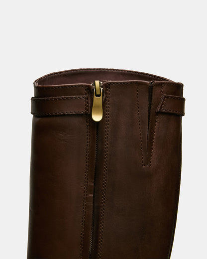 BEXLEY Brown Leather Knee-High Round-Toe Buckle Women's Boot Steve Madden BROWN LEATHER