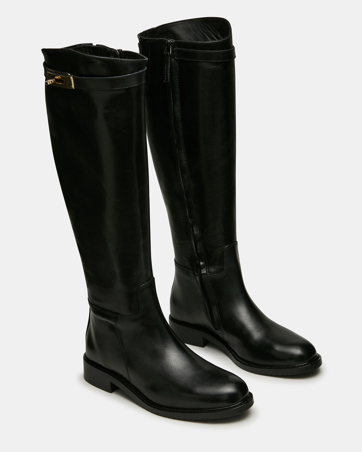 BEXLEY Black Leather Knee-High Round-Toe Buckle Women's Boot Steve Madden BLACK LEATHER