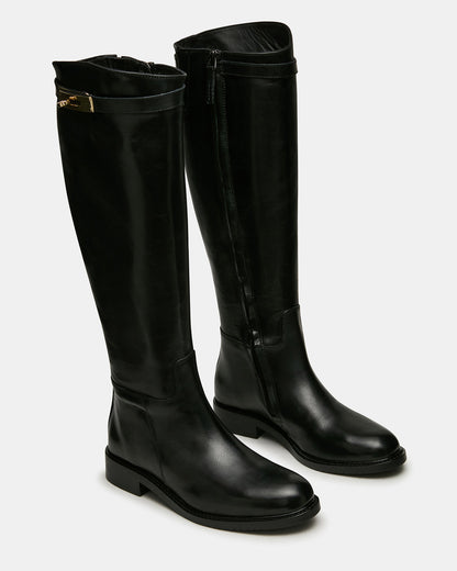 BEXLEY Black Leather Knee-High Round-Toe Buckle Women's Boot Steve Madden BLACK LEATHER