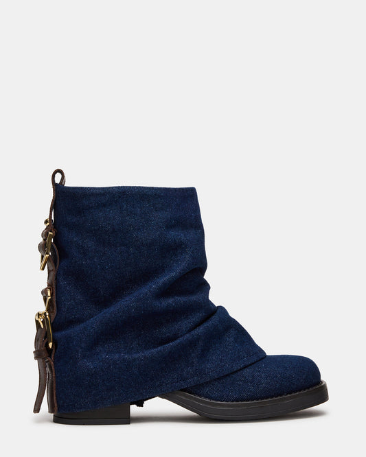 BENJI Denim Fabric Cuffed Fold-Over Moto Buckle Women's Ankle Boot Steve Madden DENIM FABRIC