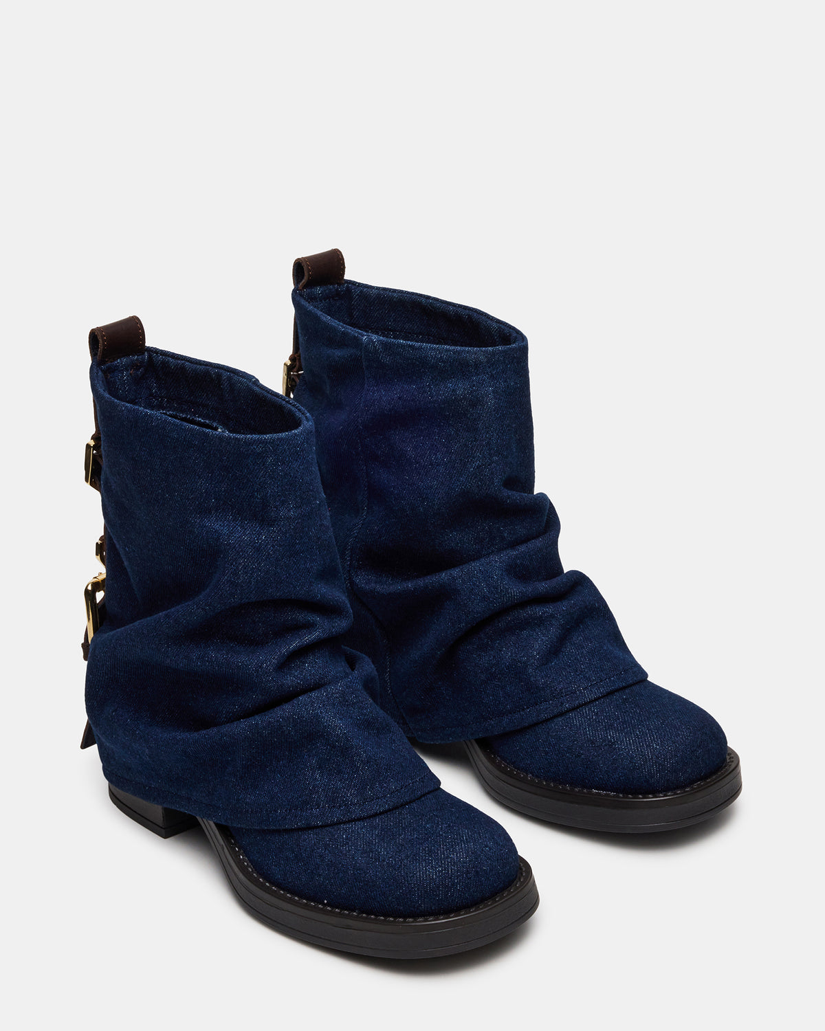 BENJI Denim Fabric Cuffed Fold-Over Moto Buckle Women's Ankle Boot Steve Madden DENIM FABRIC