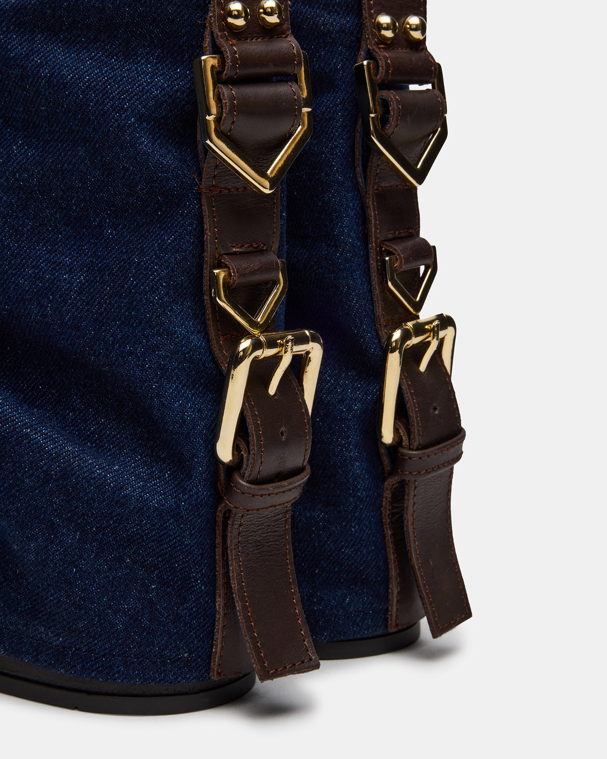 BENJI Denim Fabric Cuffed Fold-Over Moto Buckle Women's Ankle Boot Steve Madden DENIM FABRIC
