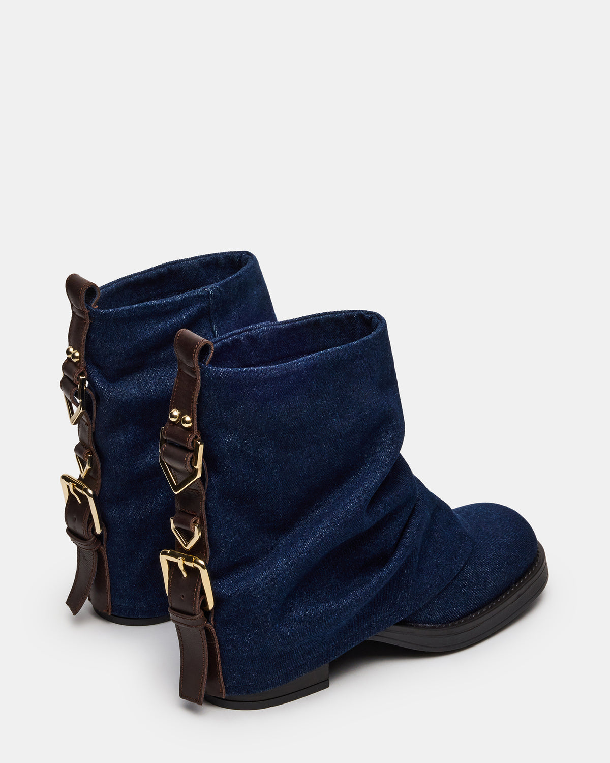 BENJI Denim Fabric Cuffed Fold-Over Moto Buckle Women's Ankle Boot Steve Madden DENIM FABRIC