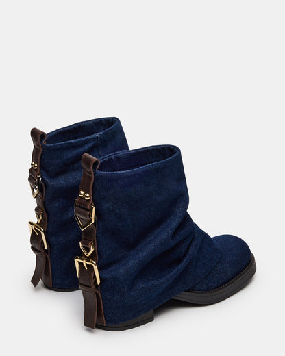 BENJI Denim Fabric Cuffed Fold-Over Moto Buckle Women's Ankle Boot Steve Madden DENIM FABRIC