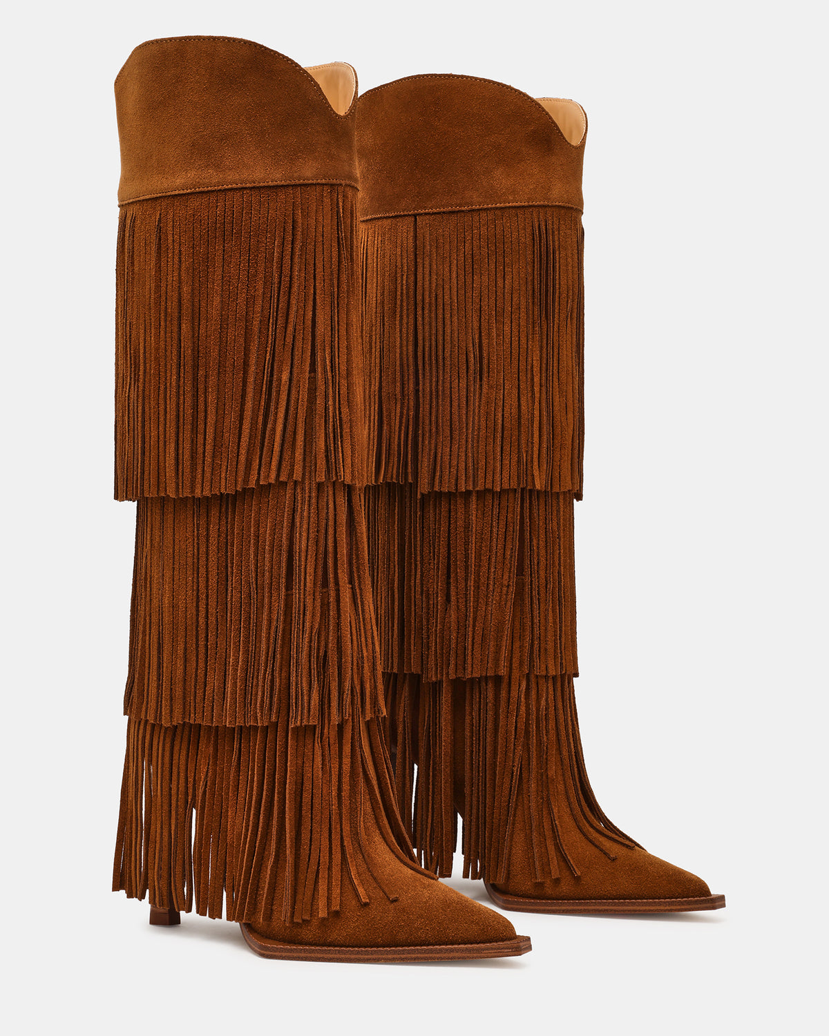 KINZEE Fringe Chestnut Suede Pointed-Toe Knee-High Western Stiletto Women's Boot Steve Madden CHESTNUT SUEDE