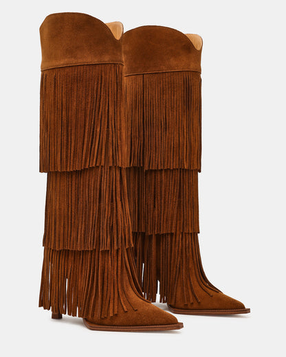 KINZEE Fringe Chestnut Suede Pointed-Toe Knee-High Western Stiletto Women's Boot Steve Madden CHESTNUT SUEDE