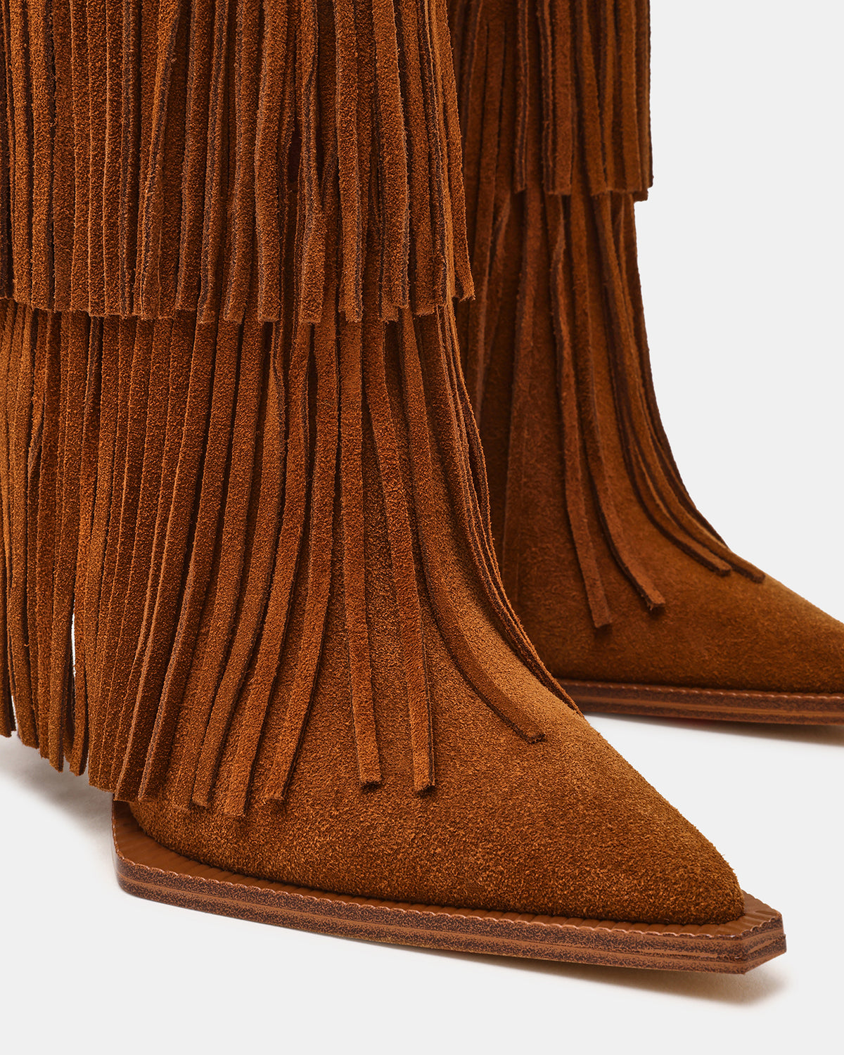 KINZEE Fringe Chestnut Suede Pointed-Toe Knee-High Western Stiletto Women's Boot Steve Madden CHESTNUT SUEDE
