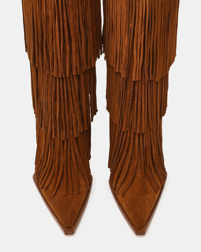 KINZEE Fringe Chestnut Suede Pointed-Toe Knee-High Western Stiletto Women's Boot Steve Madden CHESTNUT SUEDE