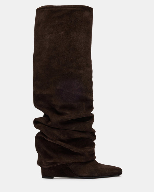 MONTANA Brown Suede Knee-High Square-Toe Wedge Fold-Over Women's Boot Steve Madden BROWN SUEDE