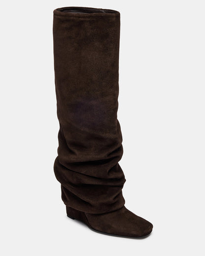 MONTANA Brown Suede Knee-High Square-Toe Wedge Fold-Over Women's Boot Steve Madden BROWN SUEDE