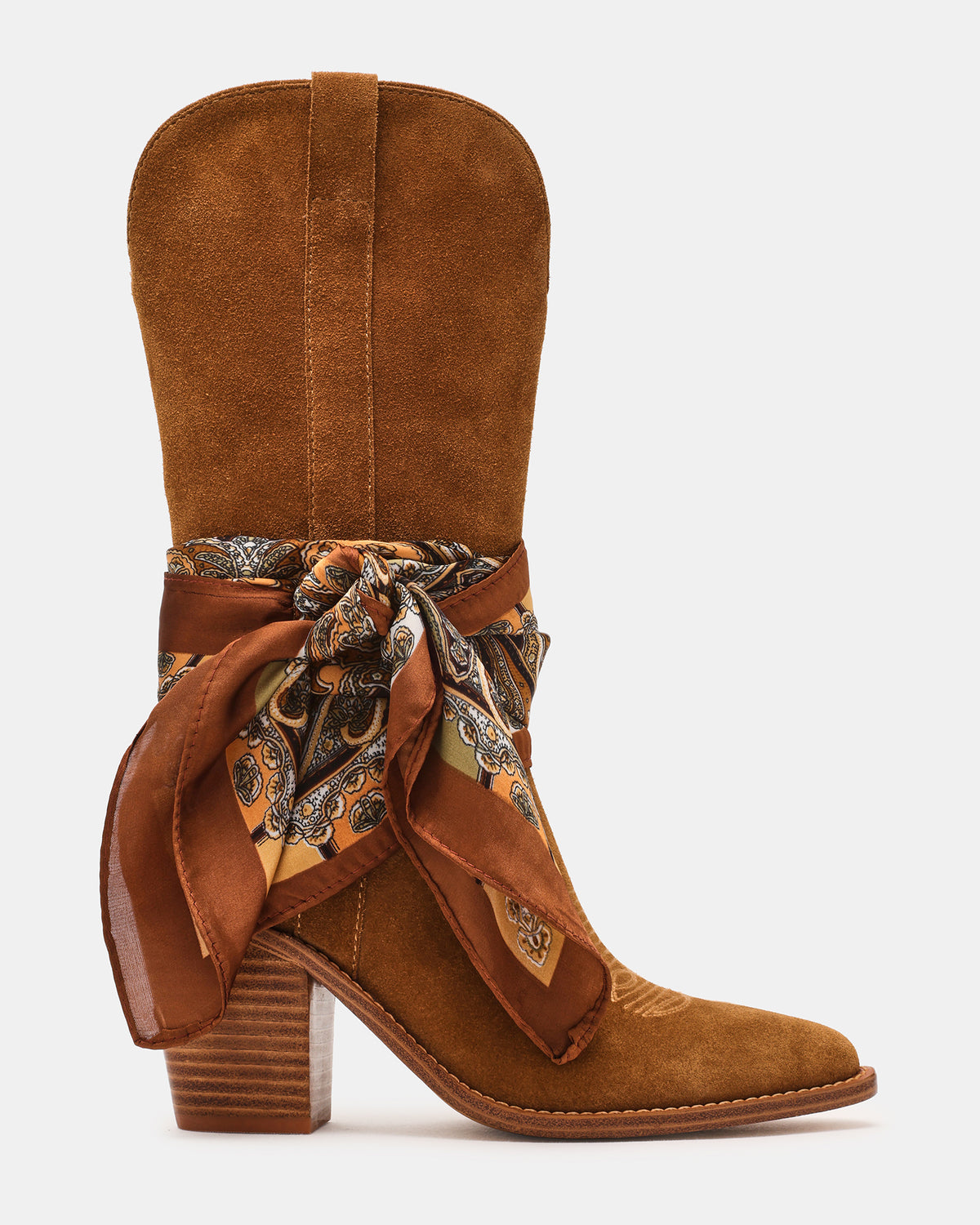 SALLY SCARF Chestnut Suede Pointed-Toe Western Block Heel Women's Boot Steve Madden CHESTNUT SUEDE
