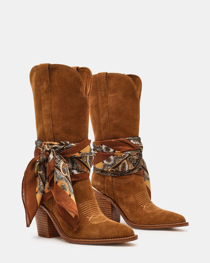 SALLY SCARF Chestnut Suede Pointed-Toe Western Block Heel Women's Boot Steve Madden CHESTNUT SUEDE