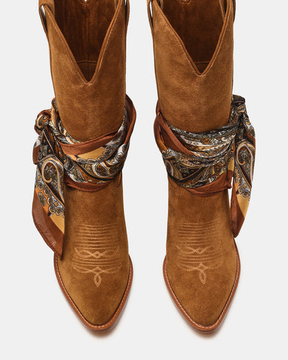 SALLY SCARF Chestnut Suede Pointed-Toe Western Block Heel Women's Boot Steve Madden CHESTNUT SUEDE