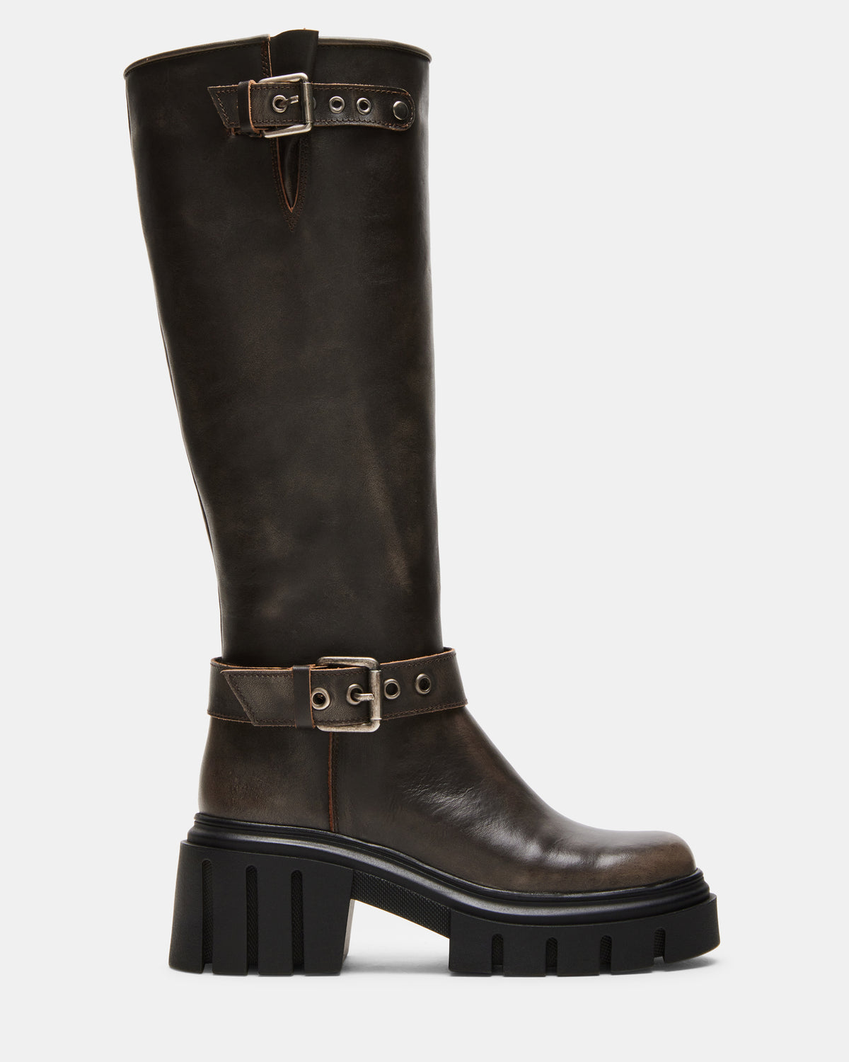 BRIGADE Brown Distressed Women's Knee-High Moto Lug Boot Steve Madden BRN DISTRESSED