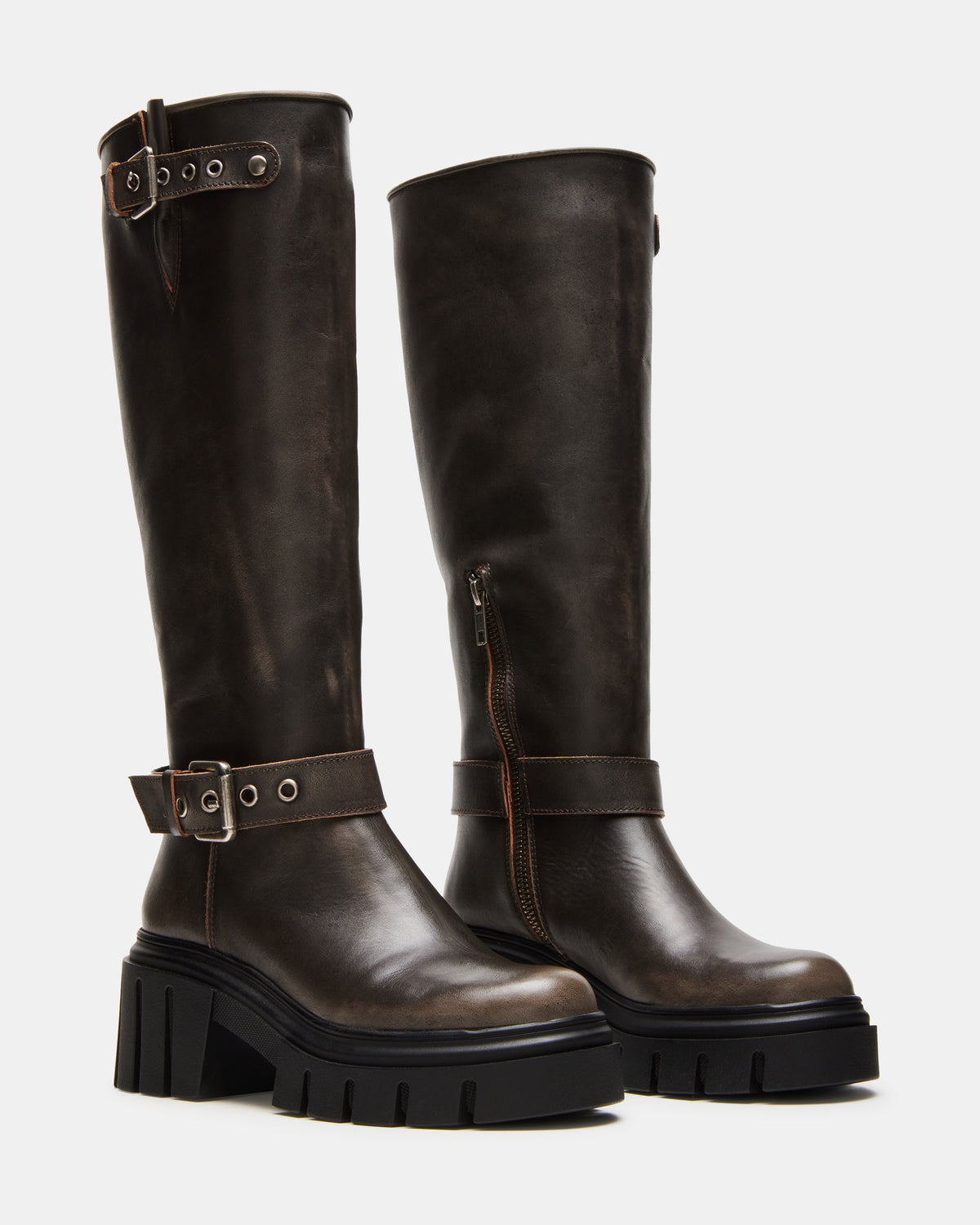 BRIGADE Brown Distressed Women's Knee-High Moto Lug Boot Steve Madden BRN DISTRESSED