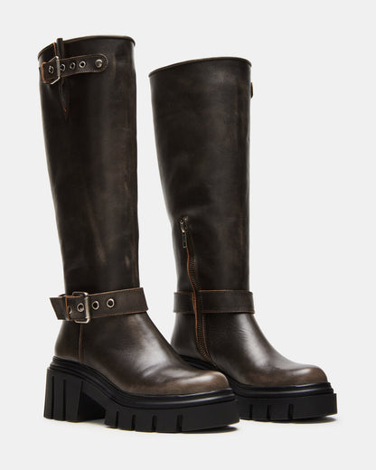 BRIGADE Brown Distressed Women's Knee-High Moto Lug Boot Steve Madden BRN DISTRESSED