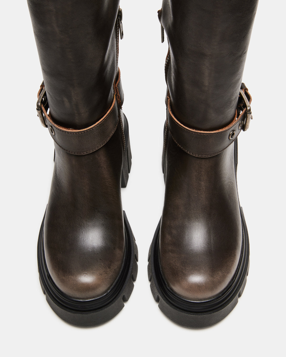 BRIGADE Brown Distressed Women's Knee-High Moto Lug Boot Steve Madden BRN DISTRESSED