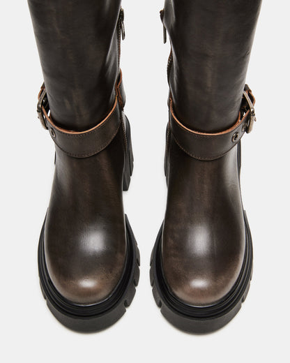 BRIGADE Brown Distressed Women's Knee-High Moto Lug Boot Steve Madden BRN DISTRESSED