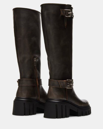 BRIGADE Brown Distressed Women's Knee-High Moto Lug Boot Steve Madden BRN DISTRESSED