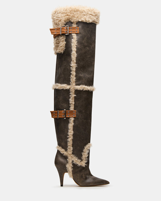 BADDIE Faux Fur Brown Distressed Over-The-Knee Moto Women's Boot Steve Madden BROWN DISTRESSED