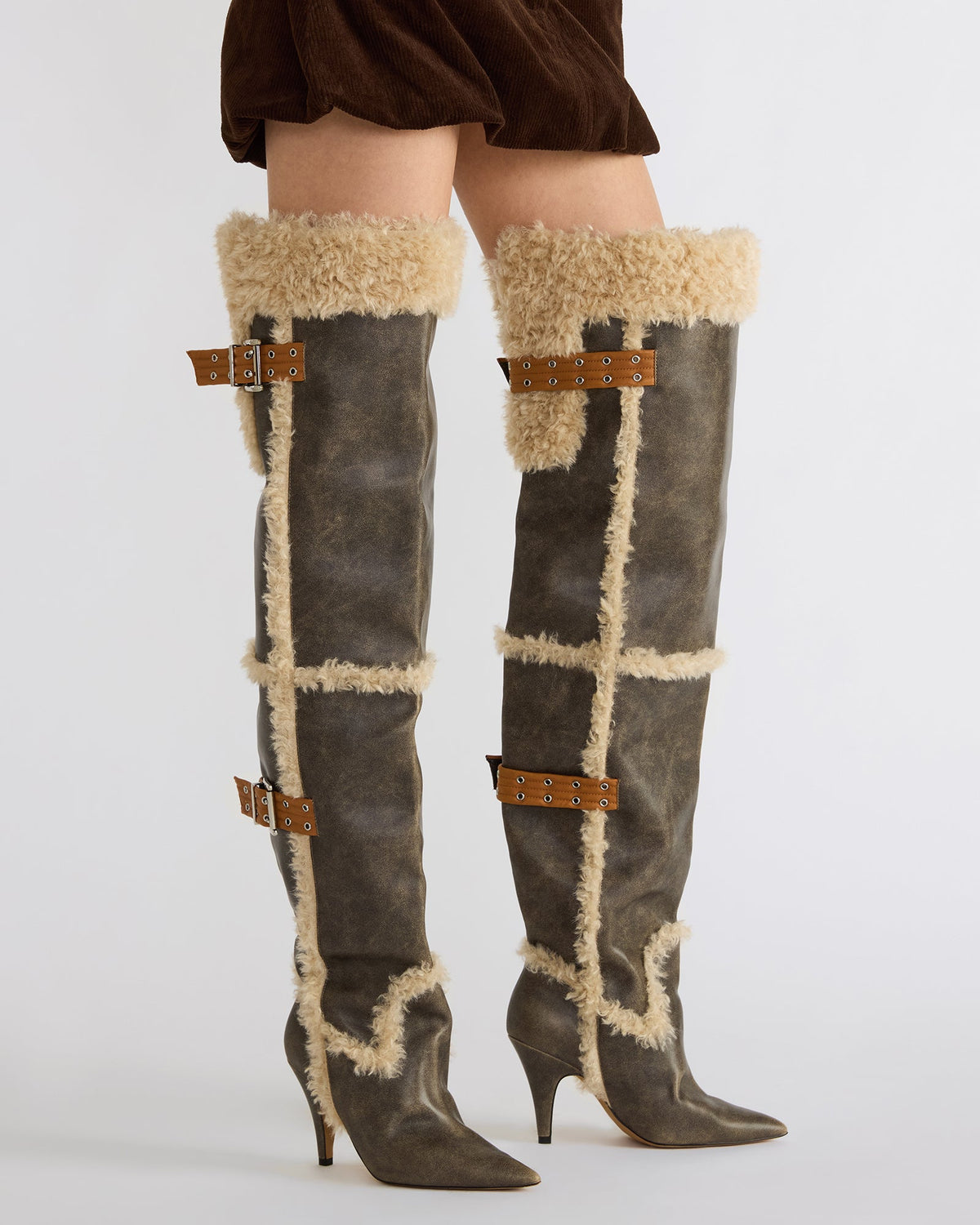 BADDIE Faux Fur Brown Distressed Over-The-Knee Moto Women's Boot Steve Madden BROWN DISTRESSED