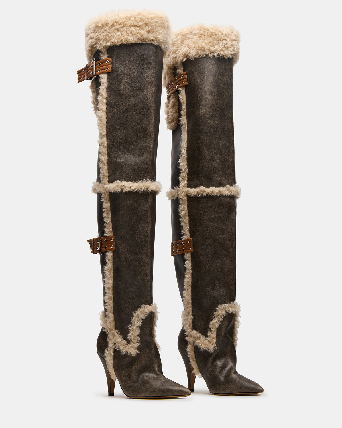BADDIE Faux Fur Brown Distressed Over-The-Knee Moto Women's Boot Steve Madden BROWN DISTRESSED