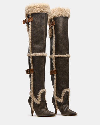 BADDIE Faux Fur Brown Distressed Over-The-Knee Moto Women's Boot Steve Madden BROWN DISTRESSED