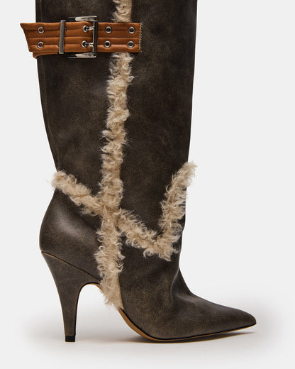 BADDIE Faux Fur Brown Distressed Over-The-Knee Moto Women's Boot Steve Madden BROWN DISTRESSED