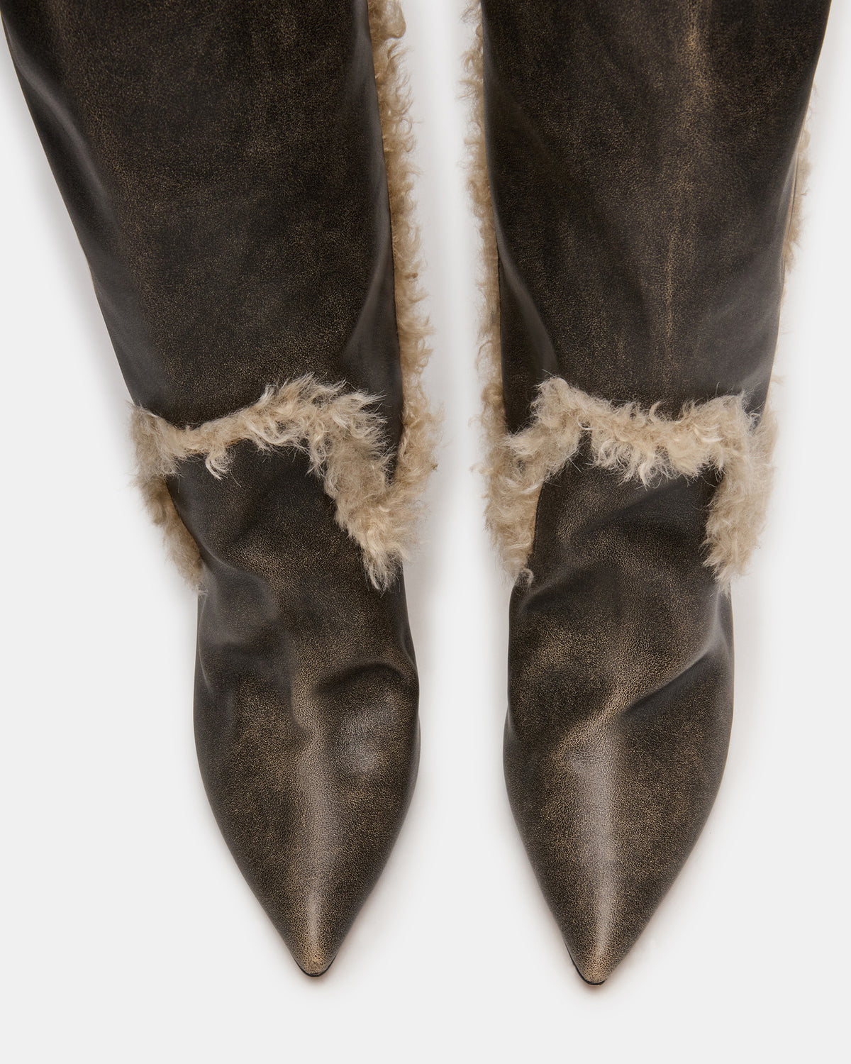 BADDIE Faux Fur Brown Distressed Over-The-Knee Moto Women's Boot Steve Madden BROWN DISTRESSED
