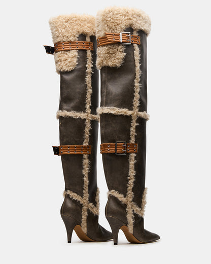BADDIE Faux Fur Brown Distressed Over-The-Knee Moto Women's Boot Steve Madden BROWN DISTRESSED
