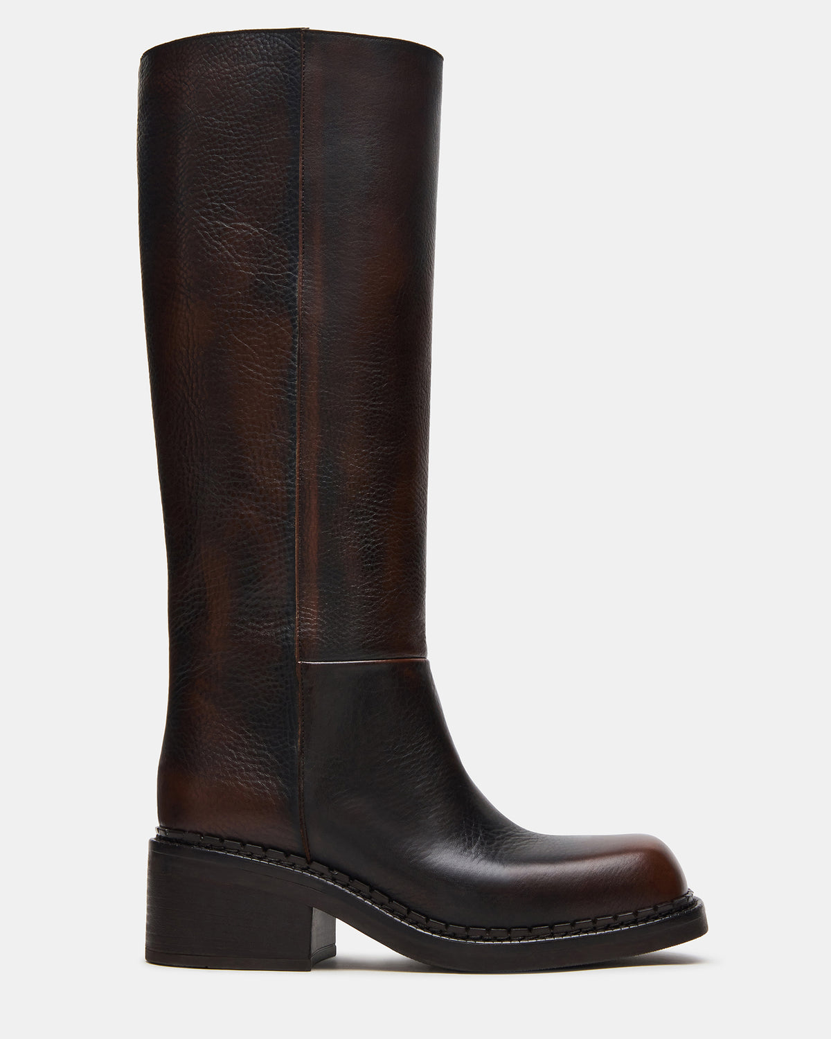 DAVOS Cognac Leather Square-Toe Knee High Block Heel Women's Boot Steve Madden COGNAC LEATHER