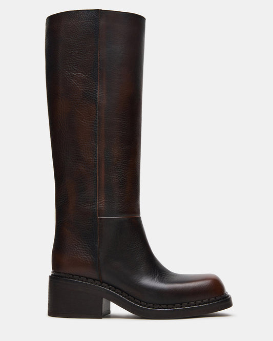 DAVOS Cognac Leather Square-Toe Knee High Block Heel Women's Boot Steve Madden COGNAC LEATHER
