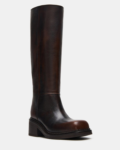DAVOS Cognac Leather Square-Toe Knee High Block Heel Women's Boot Steve Madden COGNAC LEATHER