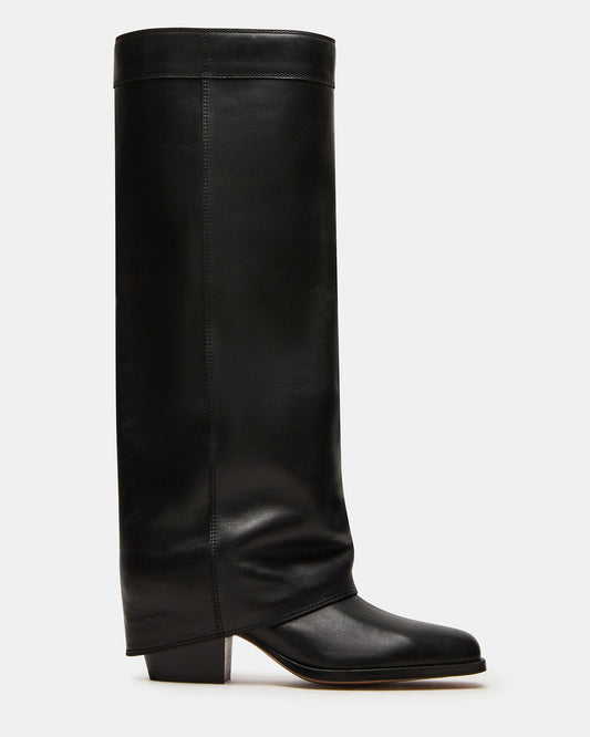 WINNICK Black Leather Knee-High Cuffed Fold-Over Block Heel Women's Boot Steve Madden BLACK LEATHER