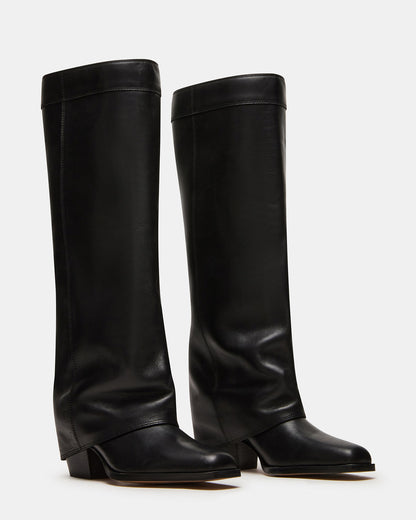WINNICK Black Leather Knee-High Cuffed Fold-Over Block Heel Women's Boot Steve Madden BLACK LEATHER