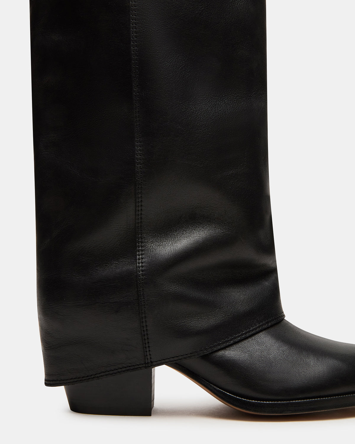 WINNICK Black Leather Knee-High Cuffed Fold-Over Block Heel Women's Boot Steve Madden BLACK LEATHER