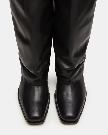 WINNICK Black Leather Knee-High Cuffed Fold-Over Block Heel Women's Boot Steve Madden BLACK LEATHER