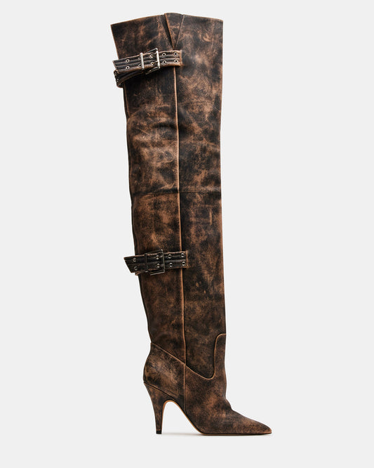 BADDIE Brown Distressed Over-The-Knee Moto Women's Boot Steve Madden BRN DISTRE