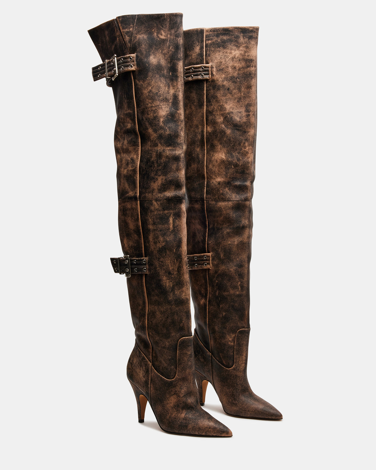 BADDIE Brown Distressed Over-The-Knee Moto Women's Boot Steve Madden BRN DISTRE