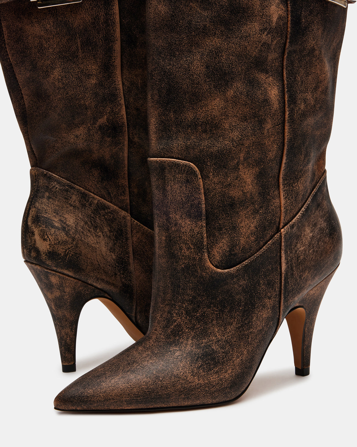 BADDIE Brown Distressed Over-The-Knee Moto Women's Boot Steve Madden BRN DISTRE