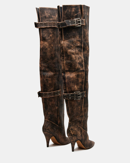 BADDIE Brown Distressed Over-The-Knee Moto Women's Boot Steve Madden BRN DISTRE