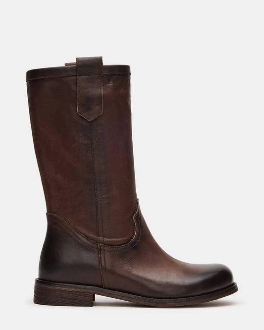 RUBEN Brown Leather Rounded Toe Women's Boot Steve Madden BROWN LEATHER
