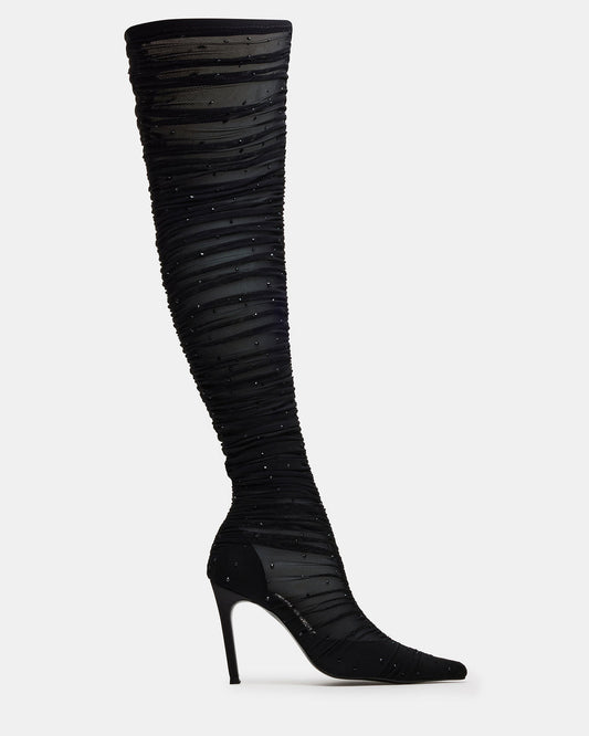 RASHIDA Black Mesh Over-The-Knee Pointed-Toe Rhinestone Stiletto Heel Women's Boot Steve Madden BLACK MESH