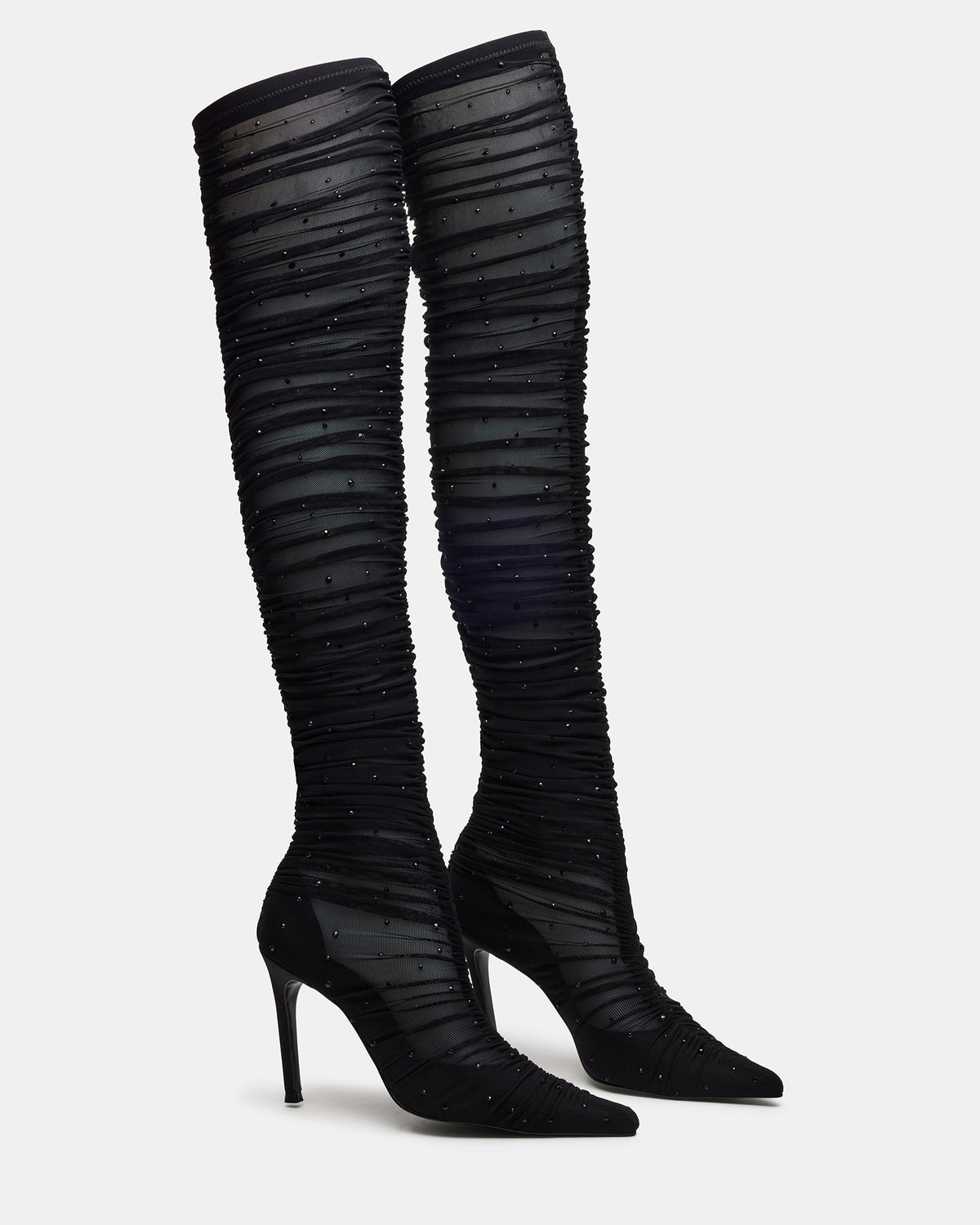 RASHIDA Black Mesh Over-The-Knee Pointed-Toe Rhinestone Stiletto Heel Women's Boot Steve Madden BLACK MESH